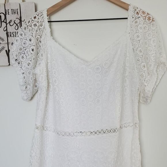 Express Womens Size XL White Short Sleeve Crochet Midi Sweetheart Zip Back Dress - Picture 1 of 10